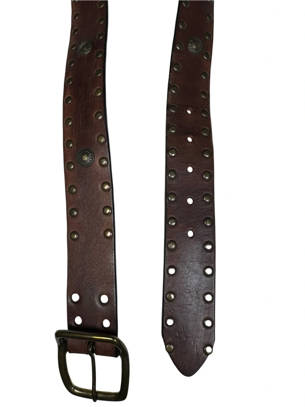 Brown Studded Italian Leather Belt Brass Buckle Handcrafted Canada 38